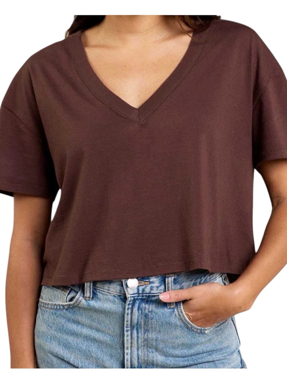 nuuds Boxy V-neck Tee Medium Coffee Brown